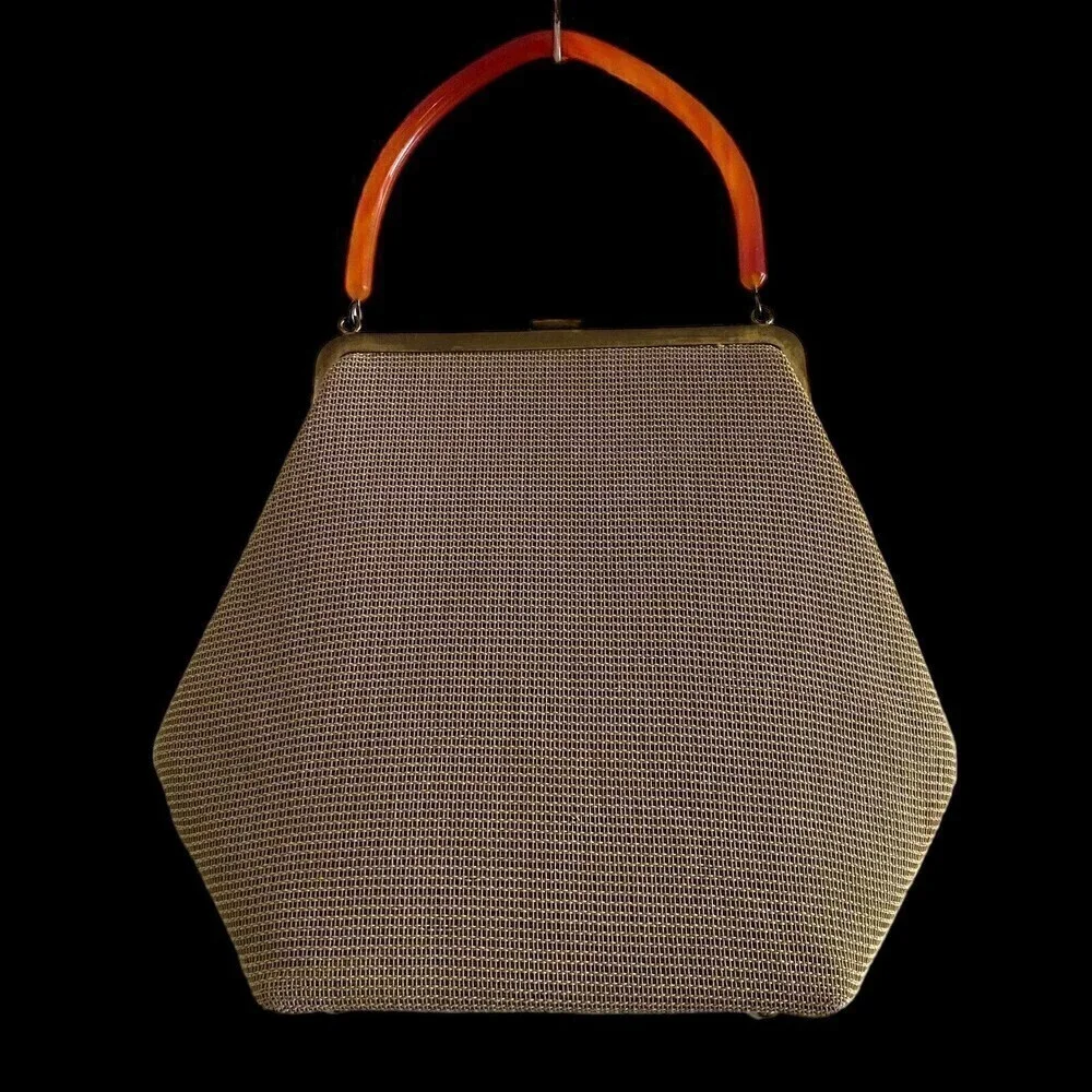 Vintage Soure' Bag New York Needlepoint Beaded Rhinestones Lucite Handle